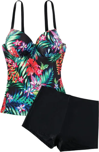 Vista 6 de Floerns Traje de baño tankini de 2 piezas con estampado tropical y tirantes delgados para mujer