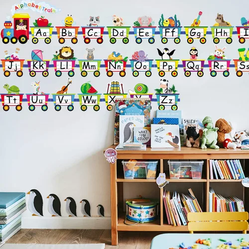 Vista 4 de Outus Juego de tablones de anuncios de tren del alfabeto, tarjetas de línea del alfabeto para aula, letras de pared, banderines, decoración