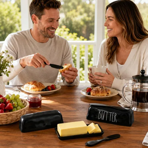 Vista 6 de TP Mantequillera con tapa, soporte para mantequilla de melamina para encimera con cuchillo, recipiente para mantequilla con tapa, irrompible
