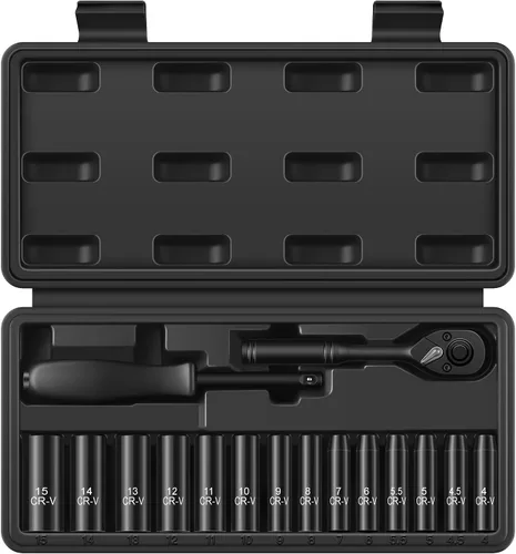 Vista 12 de Reniteco Juego de 25 piezas de llaves de casquillo de 1/2" de transmisión, SAE (3/8"- 1-1/2"), casquillos profundos, barras de extensión, reductor