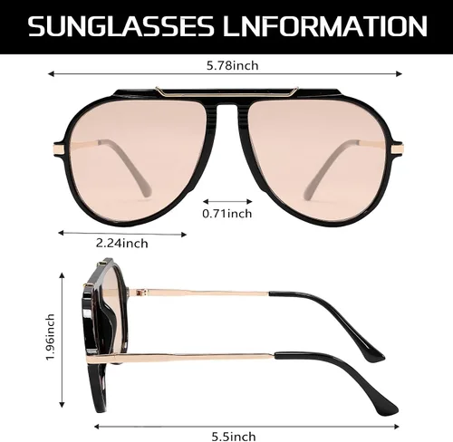 Vista 4 de Gafas de sol de aviador de gran tamaño para mujeres y hombres, estilo retro de los años 70, lentes de sol de metal dorado sin enredos, cuadrados