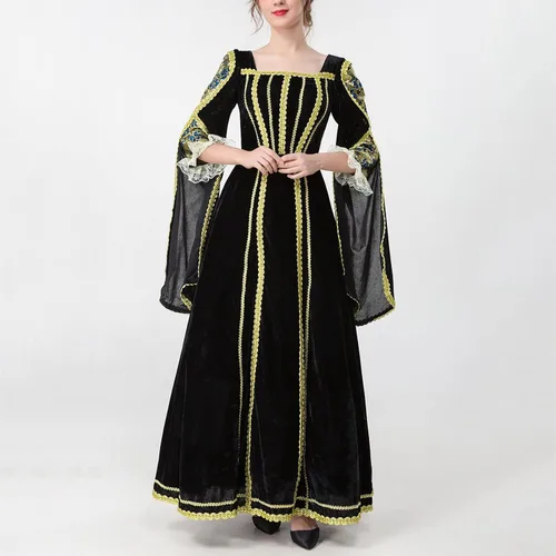 Vista 6 de Vestido retro de manga larga con cuello cuadrado para mujer, vestido largo vintage para cosplay