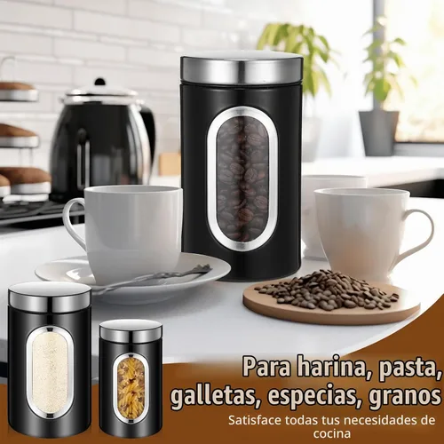 Vista 6 de Maxdot Juego de 6 recipientes negros para encimera de cocina, té, café, azúcar, con ventana transparente, tarro de café, contenedor de azúcar