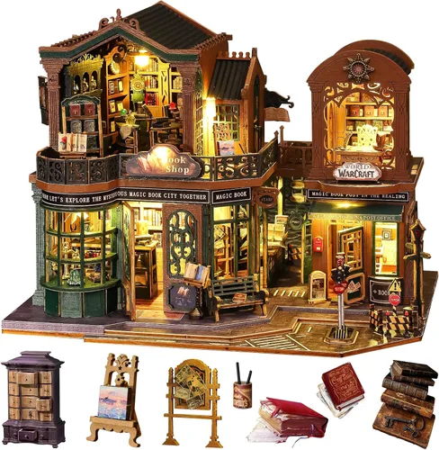 Vista 7 de Spilay Kit de Casa en Miniatura DIY, Casa de Muñecas Castillo de Edimburgo con Caja de Música y Cubierta Antipolvo, Kit de Rompecabezas de Madera 3D