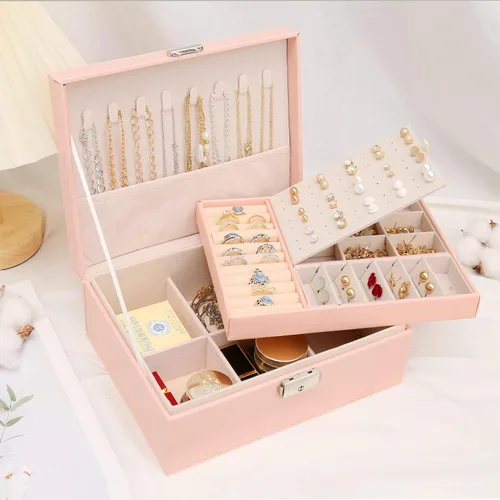 Vista 2 de Joyero organizador para mujeres y niñas joyero de doble capa con cerradura y llave almacenamiento de joyas de piel sintética con bandeja extraíble