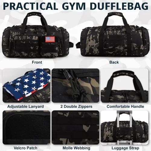Vista 6 de Bolsa táctica de gimnasio para hombres, 50L grande 3 en 1 bolsa deportiva con compartimento para zapatos para viajes, mochila de viaje resistente al