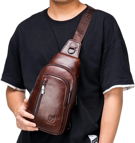 Vista 7 de Hebetag Mochila cruzada de cuero para hombres y mujeres, mochila de hombro para el pecho, multiusos, casual, Negro -, Viajar