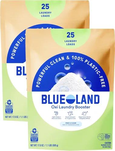Vista 14 de BLUELAND Oxi - Polvo potenciador de ropa con lata, juego de iniciación, aroma Clear Skies, 25 cargas, 17.6 onzas, sin plástico, ecológico, limpiador