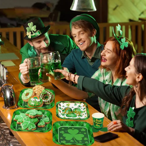Vista 7 de Juego de vajilla de 200 piezas para fiesta del Día de San Patricio, juego de vajilla de trébol verde para 25 invitados, a cuadros, trébol