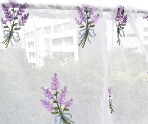 Vista 2 de Molaxhome Cenefa de cortina con bolsillo de barra de encaje de flores moradas para dormitorio, baño, sala de estar