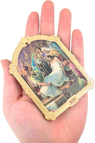 Vista 5 de Needzo Stations of The Cross - Placas de madera católica con detalles metálicos en tono dorado, decoraciones religiosas, 3 5/8 pulgadas, juego de 16