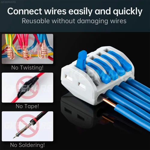 Vista 2 de 50 conectores de cable de palanca, conector conductor de empalme compacto para cables flexibles de trenzado sólido 28-12 AWG (azul)