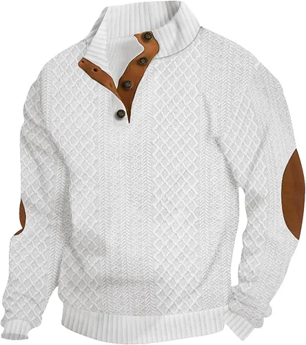 Vista 16 de Suéter de manga larga para hombre, casual, con botones de un cuarto, con cuello alto, sudadera con capucha
