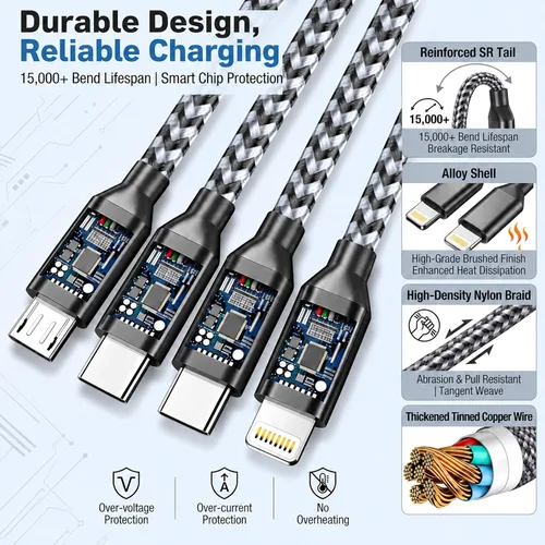 Vista 4 de Doub Tyep-C 4 en 1 cable de carga múltiple de 4 pies, cable de carga de nailon trenzado Lightning para iPhone, cable de carga universal con tipo C