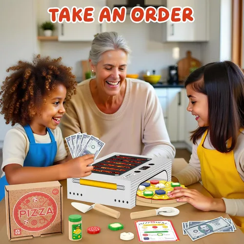 Vista 8 de WOODMAM Montessori - Juego de juguetes de pizza, comida realista con caja de horno, juguetes educativos de aprendizaje para niños en edad preescolar