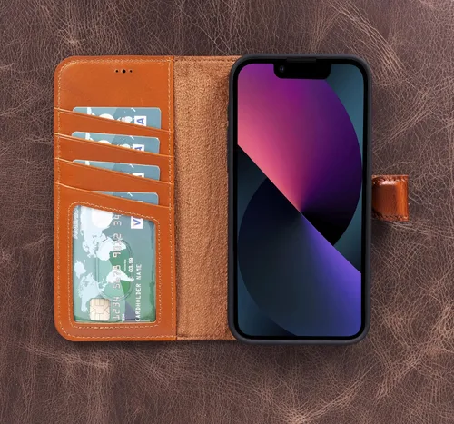 Vista 4 de Funda tipo cartera hecha a mano para iPhone 17 Pro MAX / 17 Pro, 17 Pro, 17 Air, 16 Pro, cartera de 4 tarjetas de cuero genuino, magnética