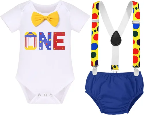 Vista 16 de IBTOM CASTLE Disfraz de carnaval de circo para el primer cumpleaños con temática de carnaval para bebé niño con tirantes y pajarita, sombrero