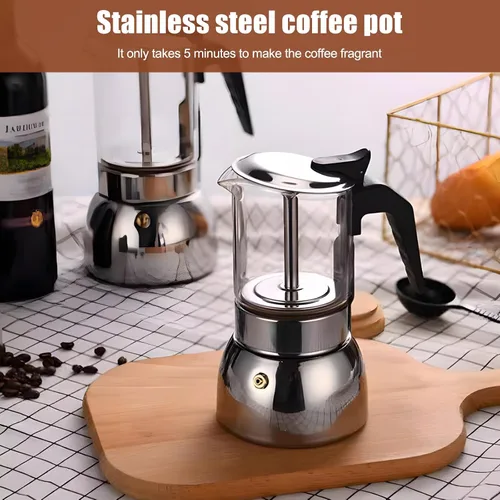 Vista 4 de Houkiper Cafetera de café expreso, 4 tazas de acero inoxidable de 6.8 fl oz, cafetera italiana, cafetera de cristal transparente, cafetera moca