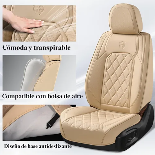 Vista 3 de Coverado Fundas de Asientos Delanteros, Funda de Asiento de Cuero Sintético de Lujo Impermeable, Protector de Asiento de Coche Beige, Funda
