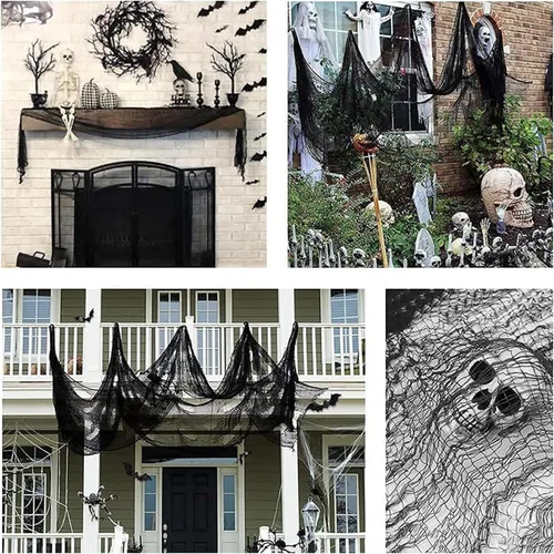 Vista 7 de 4 piezas de tela espeluznante de Halloween negra de 30 x 72 pulgadas, decoración de Halloween para interiores y exteriores, fondos espeluznantes
