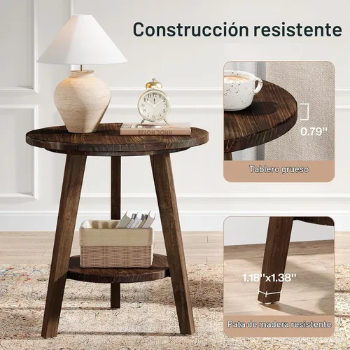 Vista 9 de Mesa de noche redonda de madera maciza, mesa auxiliar para sofá con estante de almacenamiento, mesita de noche de estilo granja para sala de estar