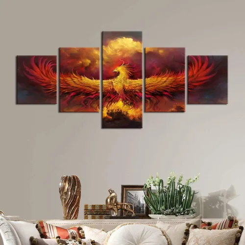 Vista 3 de 5 piezas de pintura sobre lienzo ardiente de fénix dibujado en estilo heráldico fuego fénix arte de pared vintage impresiones obras de arte arte