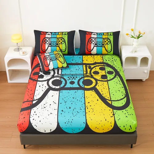 Vista 4 de Juego de edredón de 6 piezas para videojugadores de temática negra, para niños, adolescentes y adultos, con edredón, sábana encimera, sábana bajera