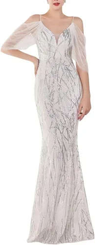 Vista 10 de Vestido de noche de sirena con lentejuelas y hombros descubiertos para mujer Albaricoque plateado