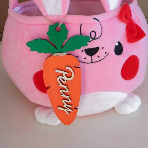 Vista 4 de Etiqueta personalizada para cesta de Pascua, 1 unidad, canasta de Pascua, esenciales, etiqueta con nombre de zanahoria, dinosaurio, madera, etiqueta