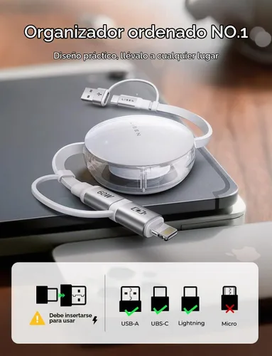 Vista 9 de LISEN 5 en 1 Cable retráctil 60W Cable de carga múltiple para múltiples dispositivos Puertos USB-C/A/L, cargadores retráctiles para iPhone