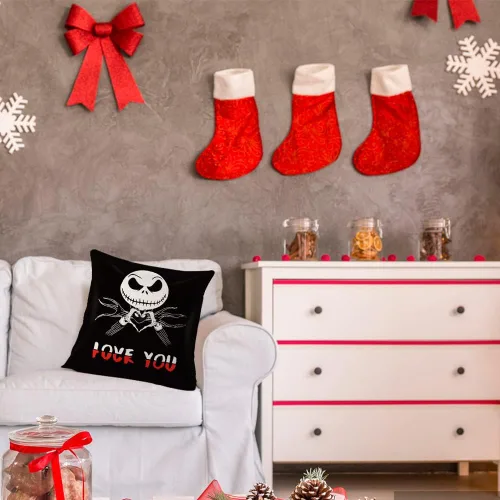Vista 7 de Funda de almohada Jack Skellington - Decoración de Navidad, Funda de almohada Jack Love You, Funda de almohada de lino y algodón 18 x 18 pulgadas