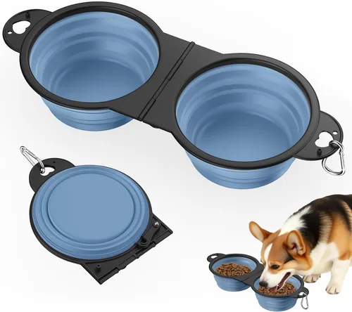 Vista 11 de Pawaboo Cuencos plegables 2 en 1 para perros, cuencos dobles para comida y agua, cuenco de silicona portátil de 180° con gancho de metal, comedero