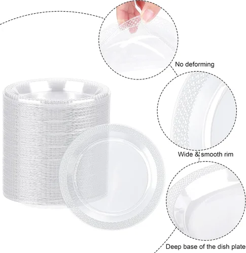 Vista 3 de Breroa 300 platos de plástico transparente de 6 pulgadas, pequeños platos redondos desechables para postre resistentes, platos de cena y fiesta