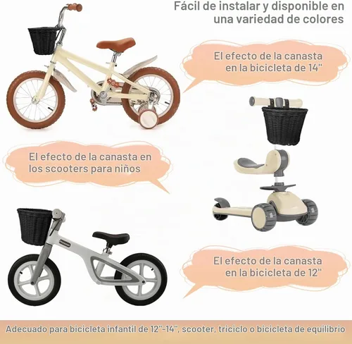 Vista 3 de Cesta delantera para bicicleta de niños, tejida a mano multicolor, para niños y niñas