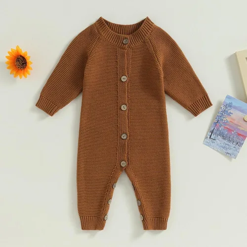 Vista 2 de Mameluco de punto de gran tamaño con cuello redondo y botones de manga larga para bebé niño y niña