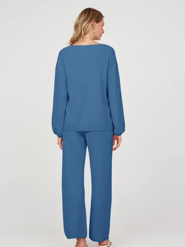 Vista 3 de MEROKEETY Conjunto de 2 piezas para mujer, de manga larga, cuello en V, suéter de punto y pantalón de pierna ancha