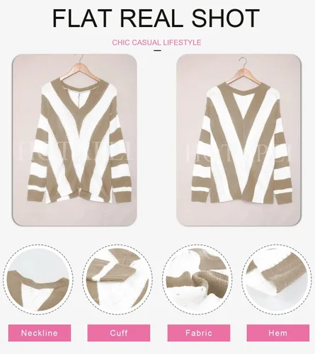 Vista 5 de EVALESS Suéteres para mujer, manga sexy, cuello en V profundo, casual, tejido a rayas