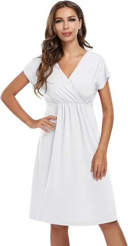 Vista 5 de Coolmee Vestido de maternidad para mujer, con cuello en V, acampanado, longitud hasta la rodilla, vestido cruzado para baby shower o uso casual
