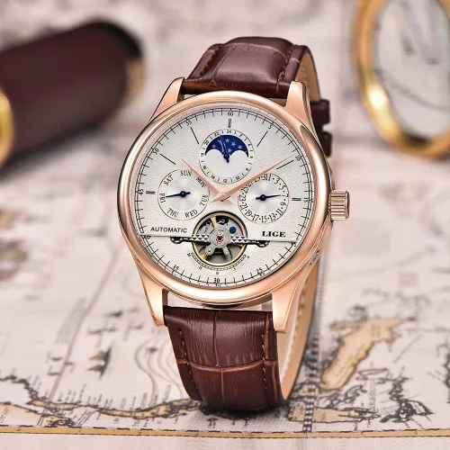 Vista 6 de LIGE Relojes mecánicos de lujo para hombre, reloj de pulsera automático de cuero blanco dorado