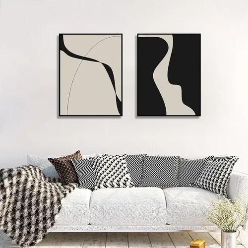 Vista 2 de BOKPEN Arte de pared de lienzo abstracto en blanco y negro, pinturas minimalistas de líneas, obras de arte, póster geométrico de mediados de siglo