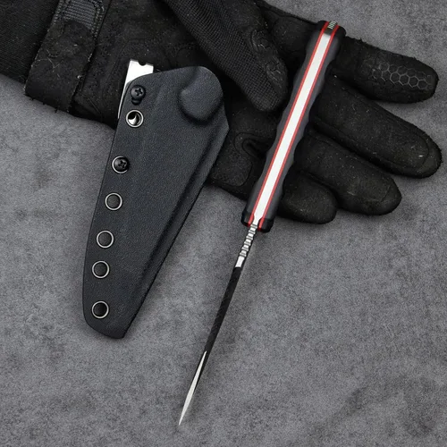 Vista 4 de LR-869 EDC - Cuchillas tácticas fijas de combate, espiga completa 14C28N de acero Reverse Serrations G10/mango de lino, funda Kydex para camping