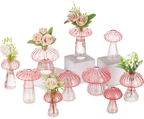Vista 11 de Glasseam Jarrón de Seta de Cristal Ámbar: Lindo Juego de Jarrones Pequeños para Flores de 5 Jarrones Únicos Mini para Capullos para Centros de Mesa