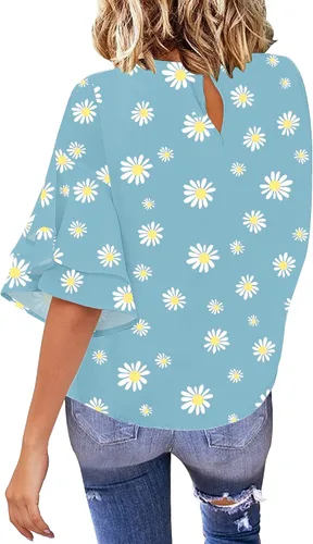 Vista 2 de luvamia Blusa casual de manga acampanada de 34 con cuello redondo para mujer