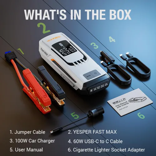 Vista 8 de YESPER Paquete de batería de arranque de impulso 4120A 27000mAh Cargador de batería de coche Arrancador auxiliar (todo gas/hasta 10L diésel) 100W