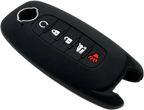 Vista 4 de REPROTECTING Funda de goma de silicona para llavero compatible con Nissan Pathfinder Rogue Kicks (5 botones, negro/rosa)