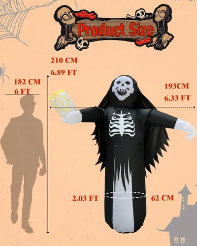 Vista 6 de Disfraces inflables de Halloween para adultos, 6.9 pies de alto, esqueleto aterrador de diablo, disfraz de Halloween, divertido disfraz de hueso