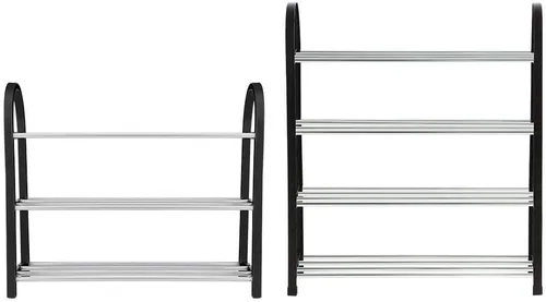 Vista 7 de Zapateros de 4 niveles, estante de zapatos de pie, estante de plástico de aluminio, organizador de zapatos delgado de gran capacidad