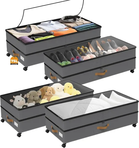Vista 10 de Almacenamiento Debajo de la Cama con Ruedas Paquete de 4, 75L XXL Contenedores de Almacenamiento Debajo de la Cama Grandes, 30 cm de Alto