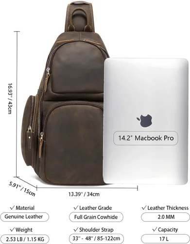 Vista 3 de Bolsa de cuero genuino de grano completo, se adapta a portátil de 14 pulgadas, pecho de viaje cruzado bandolera bandolera mochila bolsa de día 17L