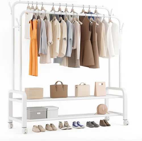 Vista 8 de Perchero resistente, perchero y perchero con ruedas, perchero independiente de doble barra para colgar ropa con estante de 2 niveles y organizador